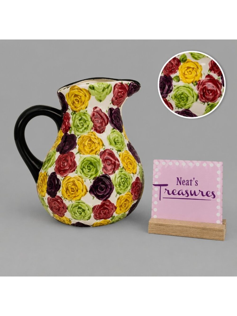 Pier 1 One MULTICOLORED FLORAL Black Trim Hand Painted Ceramic 80oz Pitcher